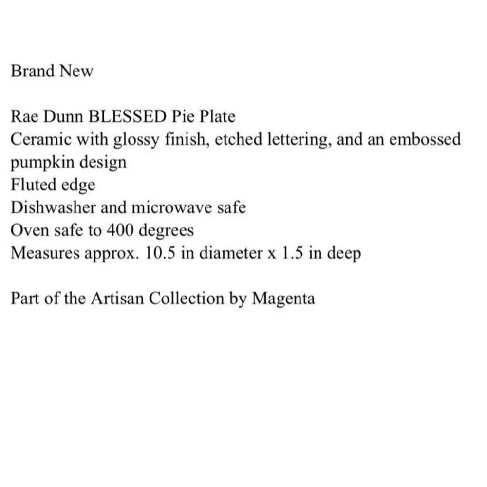 Rae Dunn BLESSED Pie Plate Dish Pumpkin 10.5